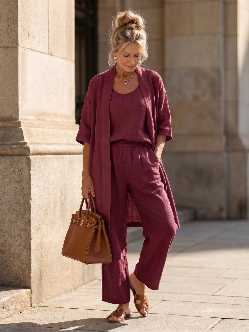 Women's Casual Relaxed Top Pant Set with Open Front Layer