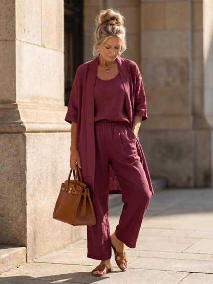 Women's Casual Relaxed Top Pant Set with Open Front Layer
