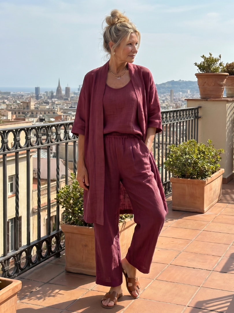 Women's Casual Relaxed Top Pant Set with Open Front Layer