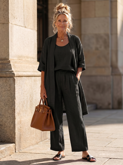 Women's Casual Relaxed Top Pant Set with Open Front Layer