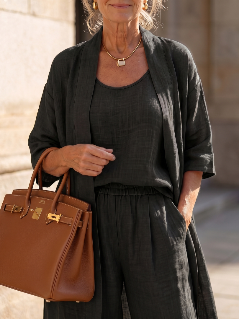 Women's Casual Relaxed Top Pant Set with Open Front Layer