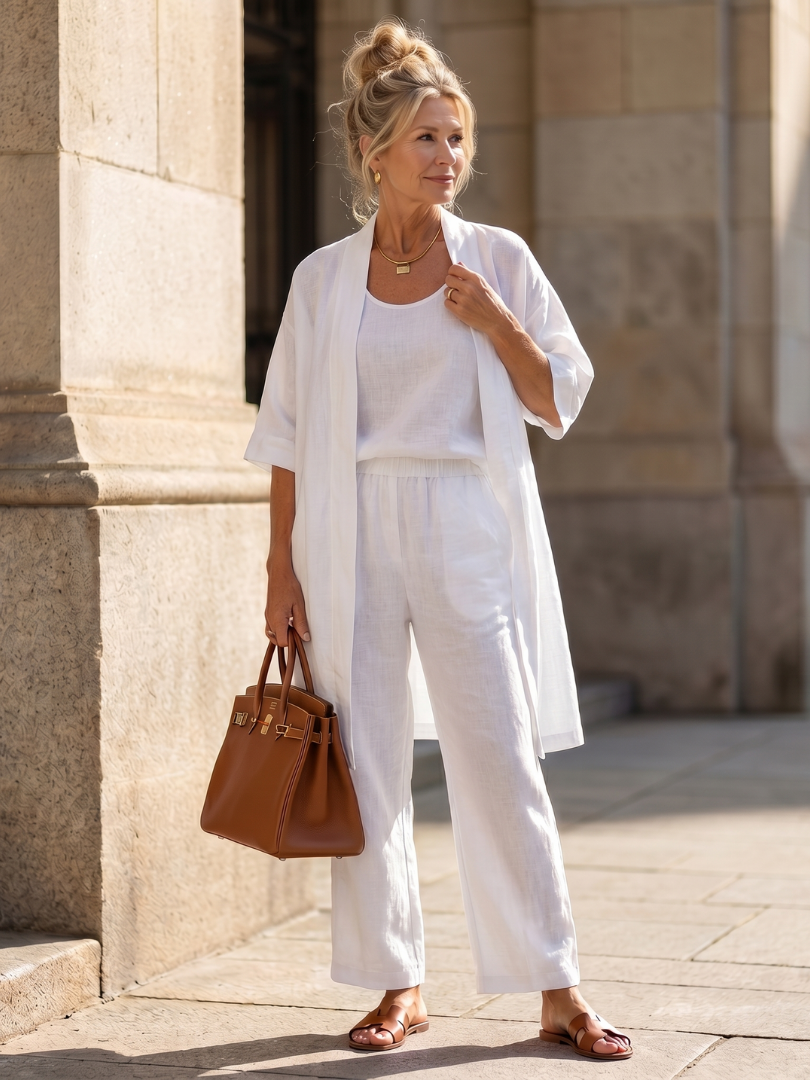 Women's Casual Relaxed Top Pant Set with Open Front Layer