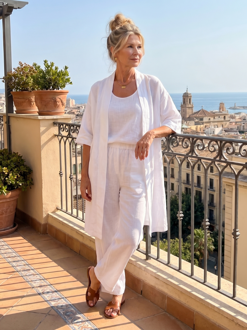 Women's Casual Relaxed Top Pant Set with Open Front Layer
