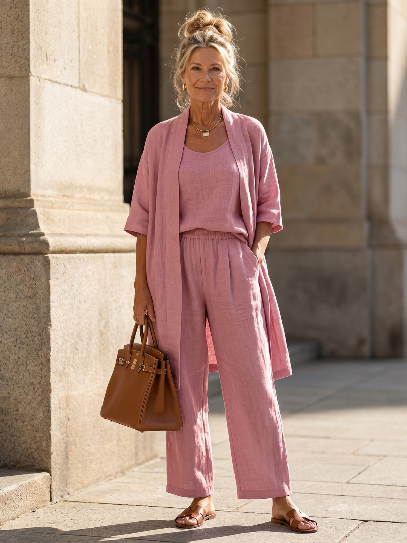 Woman in a pink outfit standing against a stone building.