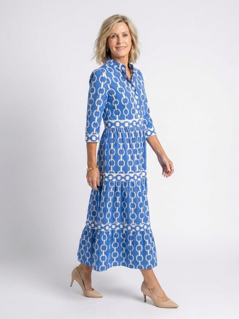 Women's Chain Pattern Midi Dress with V-Neck for Everyday