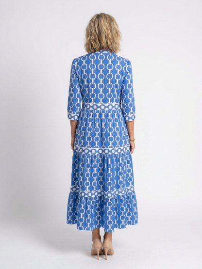 Women's Chain Pattern Midi Dress with V-Neck for Everyday