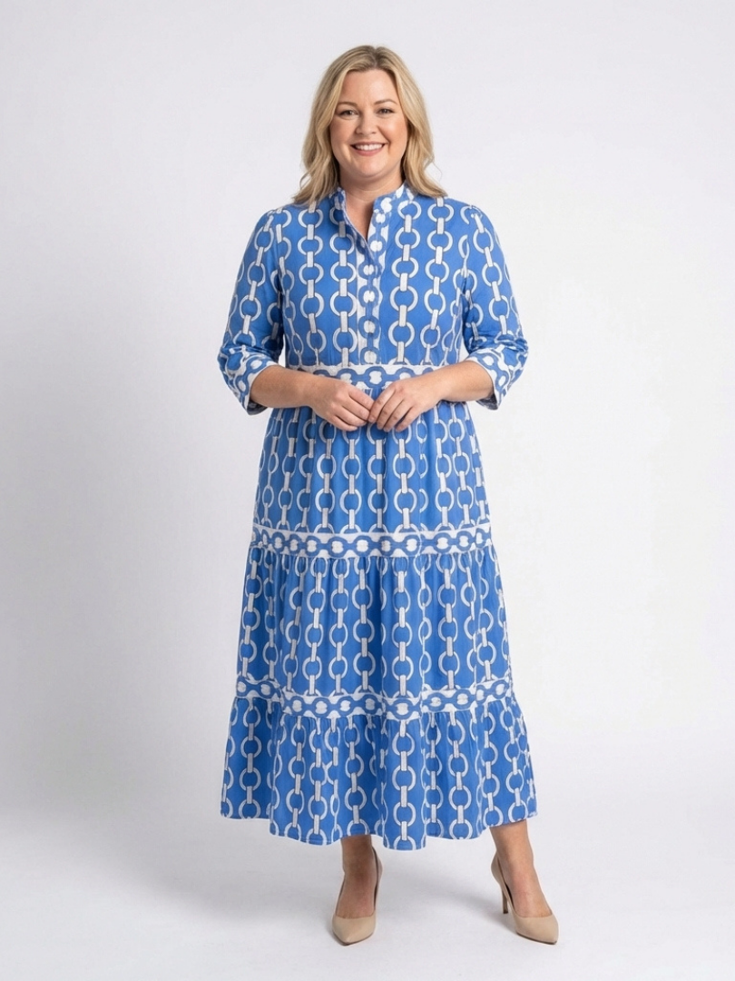 Women's Chain Pattern Midi Dress with V-Neck for Everyday