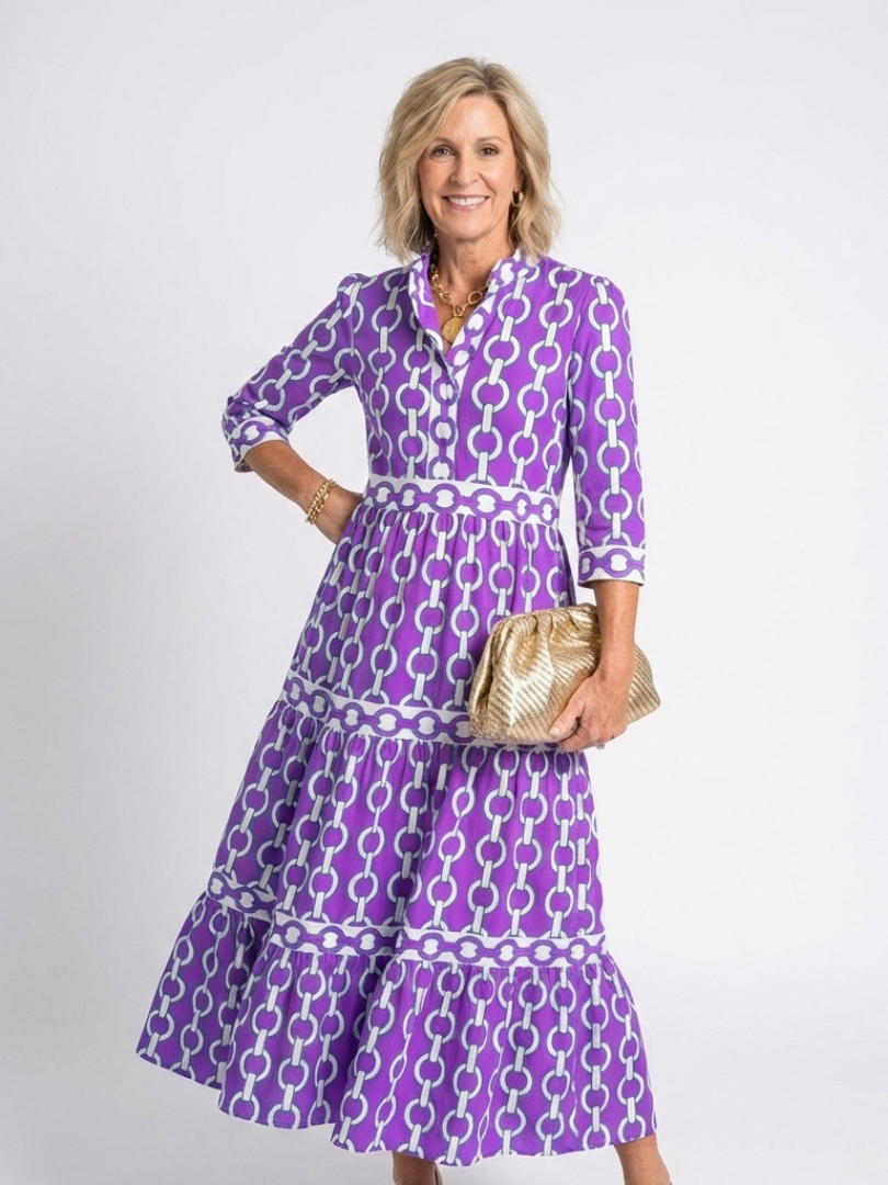 Women's Chain Pattern Midi Dress with V-Neck for Everyday
