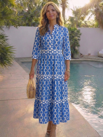 Women's Chain Pattern Midi Dress with V-Neck for Everyday