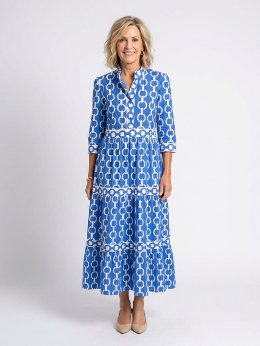 Women's Chain Pattern Midi Dress with V-Neck for Everyday