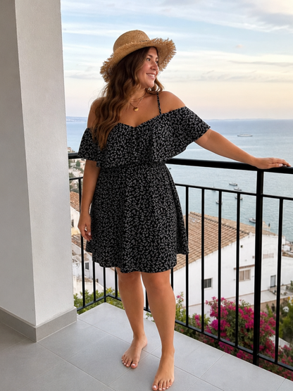 Women's Cold Shoulder Dress with Ruffle Overlay for Summer