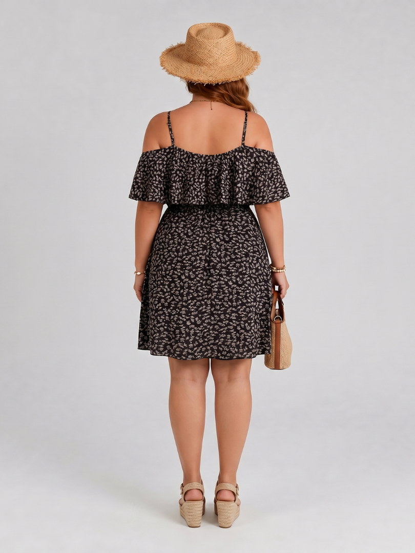 Women's Cold Shoulder Dress with Ruffle Overlay for Summer