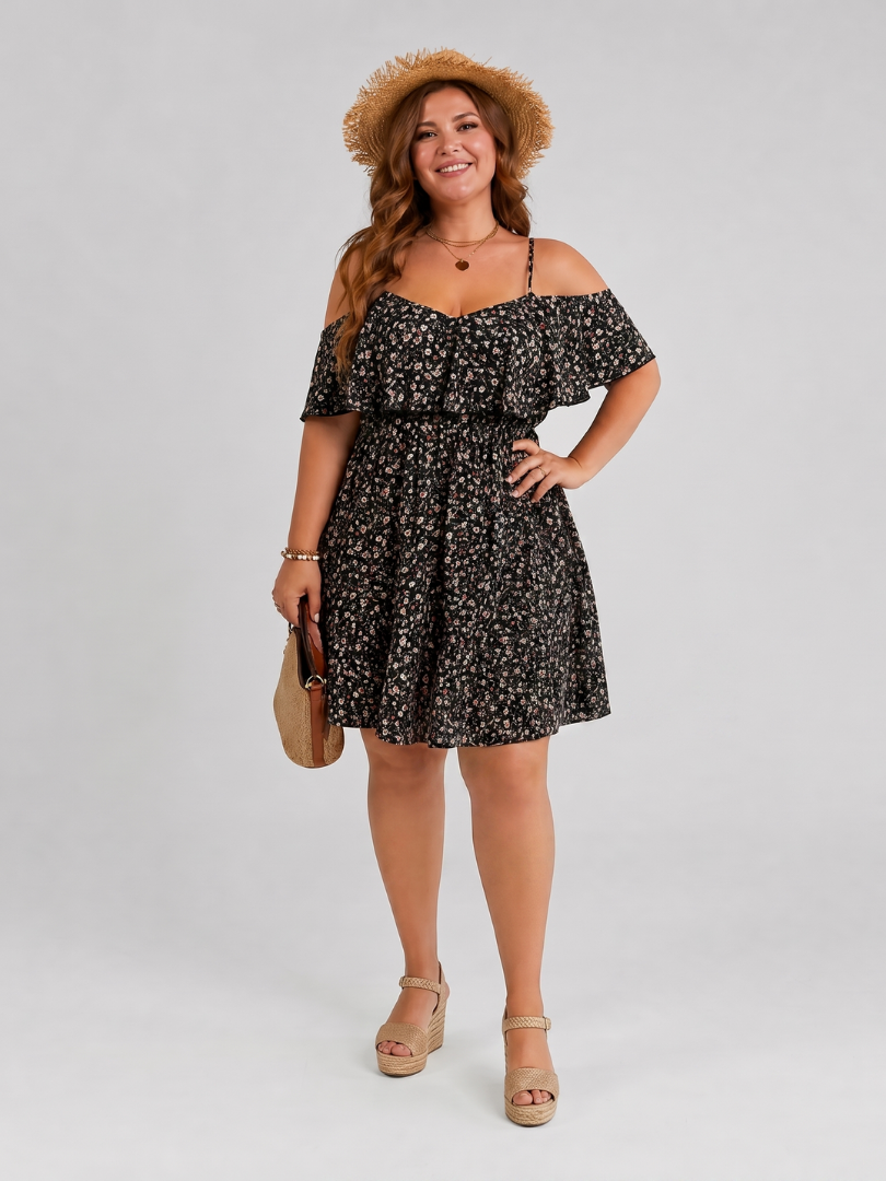 Women's Cold Shoulder Dress with Ruffle Overlay for Summer