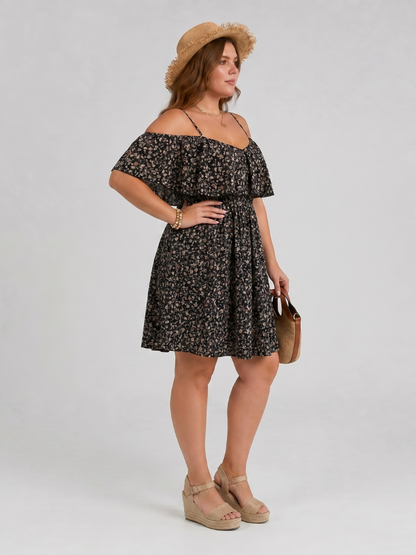 Women's Cold Shoulder Dress with Ruffle Overlay for Summer