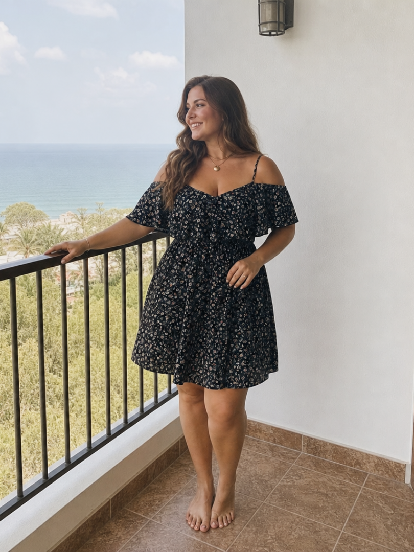 Women's Cold Shoulder Dress with Ruffle Overlay for Summer