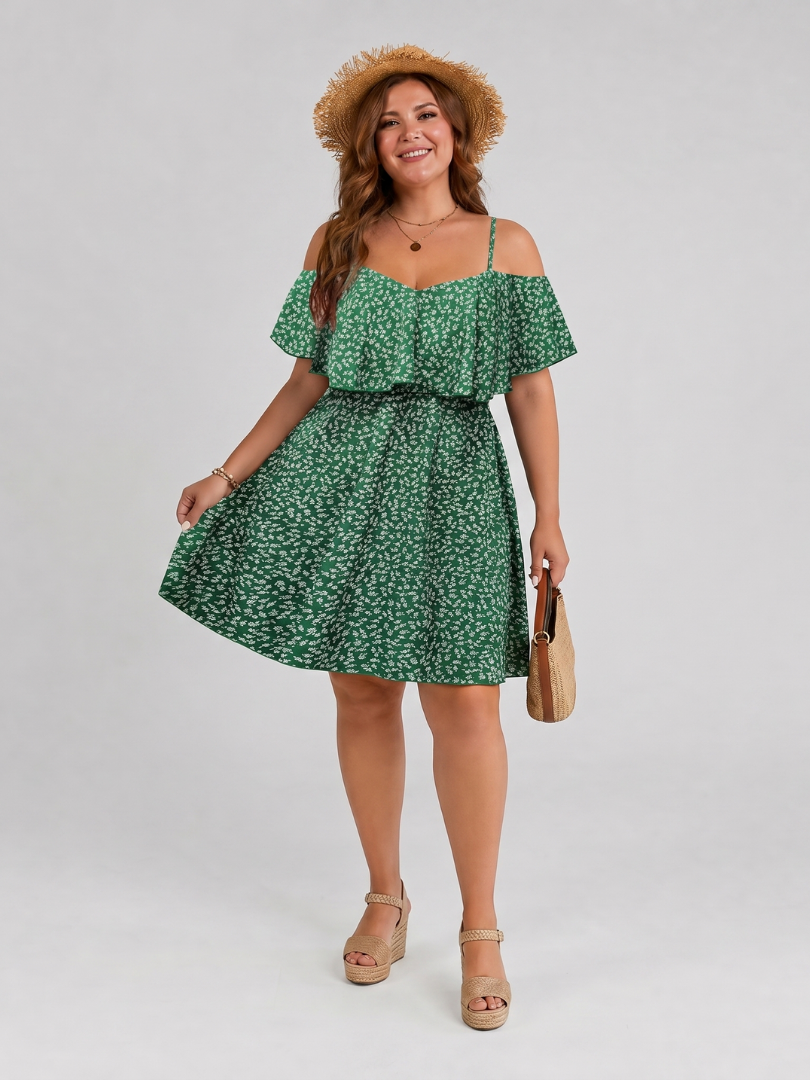 Women's Cold Shoulder Dress with Ruffle Overlay for Summer