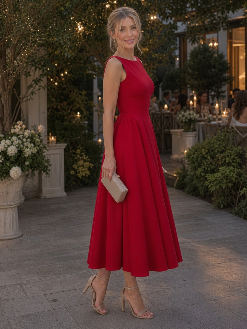 Women's Crew-Neck Midi Dress with Fitted Bodice for Events