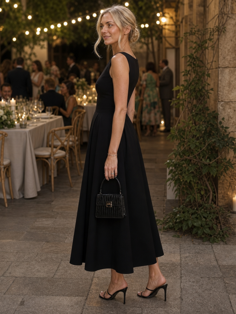 Women's Crew-Neck Midi Dress with Fitted Bodice for Events