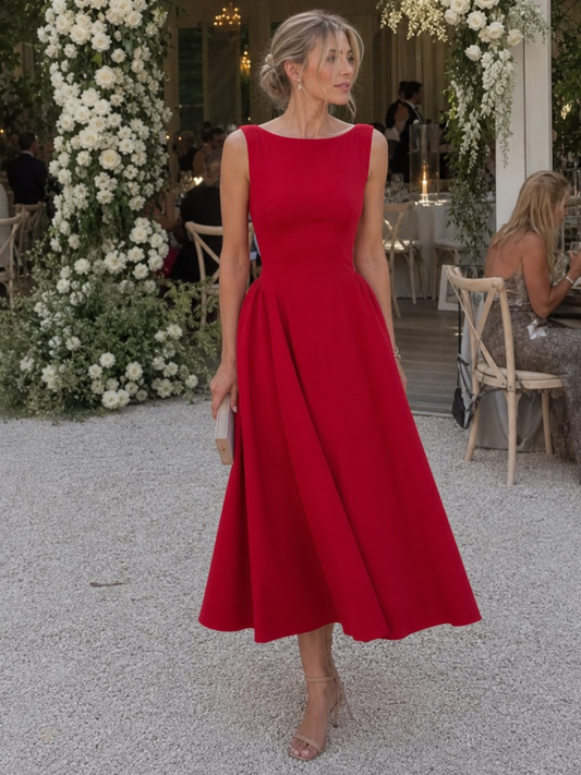 Women's Crew-Neck Midi Dress with Fitted Bodice for Events