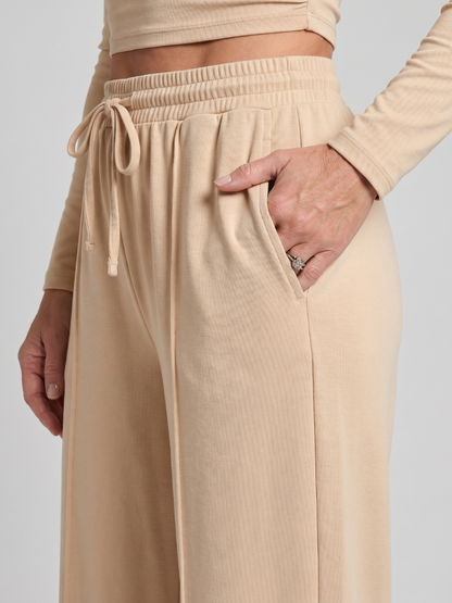 Women's Crop Top and Wide Leg Trousers Set with Drawstring