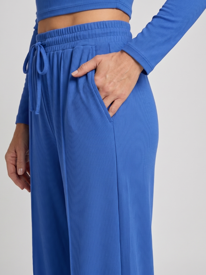 Women's Crop Top and Wide Leg Trousers Set with Drawstring