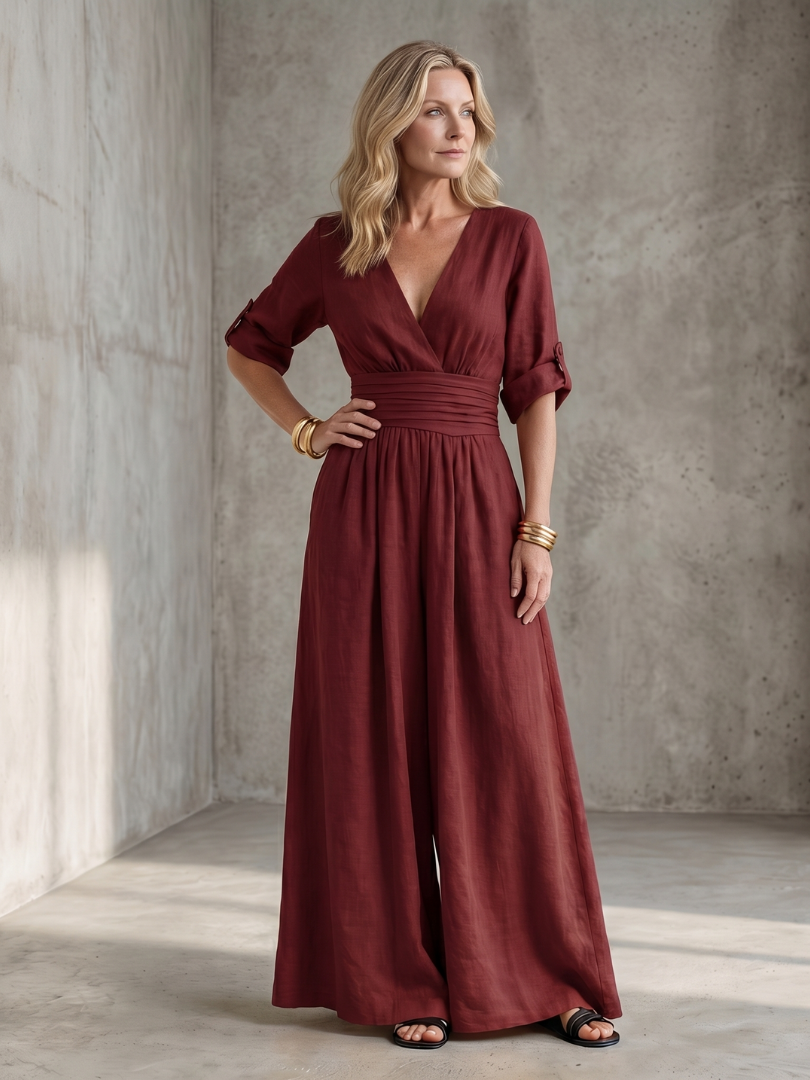 Women's Cross Front Wide Leg Jumpsuit with Gathered Waist