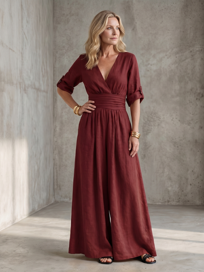 Women's Cross Front Wide Leg Jumpsuit with Gathered Waist