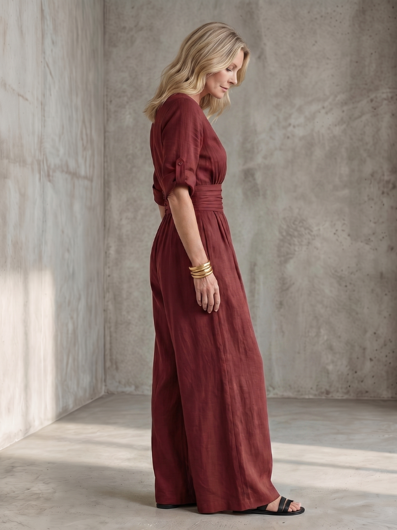 Women's Cross Front Wide Leg Jumpsuit with Gathered Waist