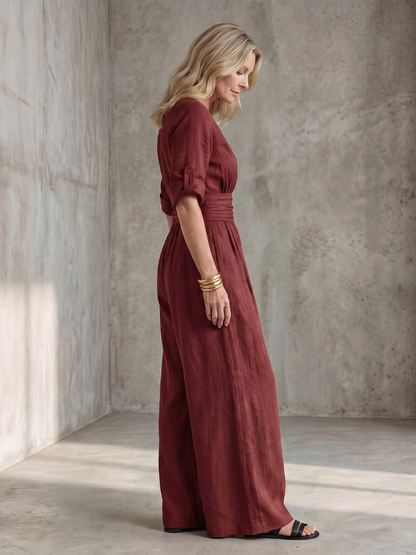 Women's Cross Front Wide Leg Jumpsuit with Gathered Waist