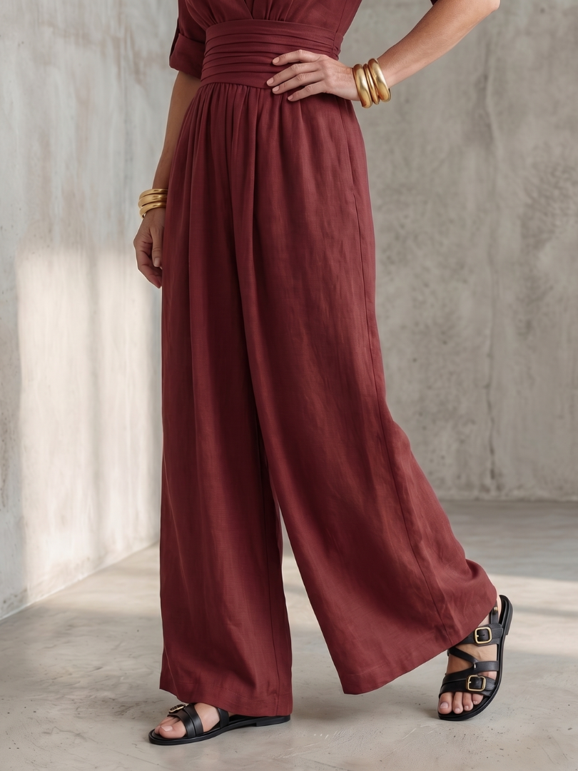 Women's Cross Front Wide Leg Jumpsuit with Gathered Waist