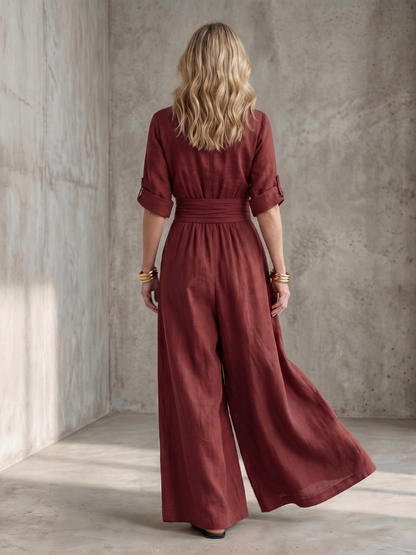 Women's Cross Front Wide Leg Jumpsuit with Gathered Waist