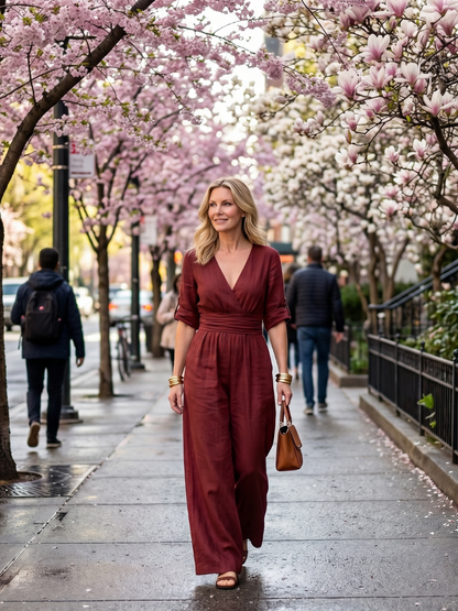 Women's Cross Front Wide Leg Jumpsuit with Gathered Waist