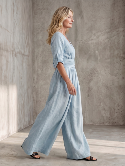 Women's Cross Front Wide Leg Jumpsuit with Gathered Waist