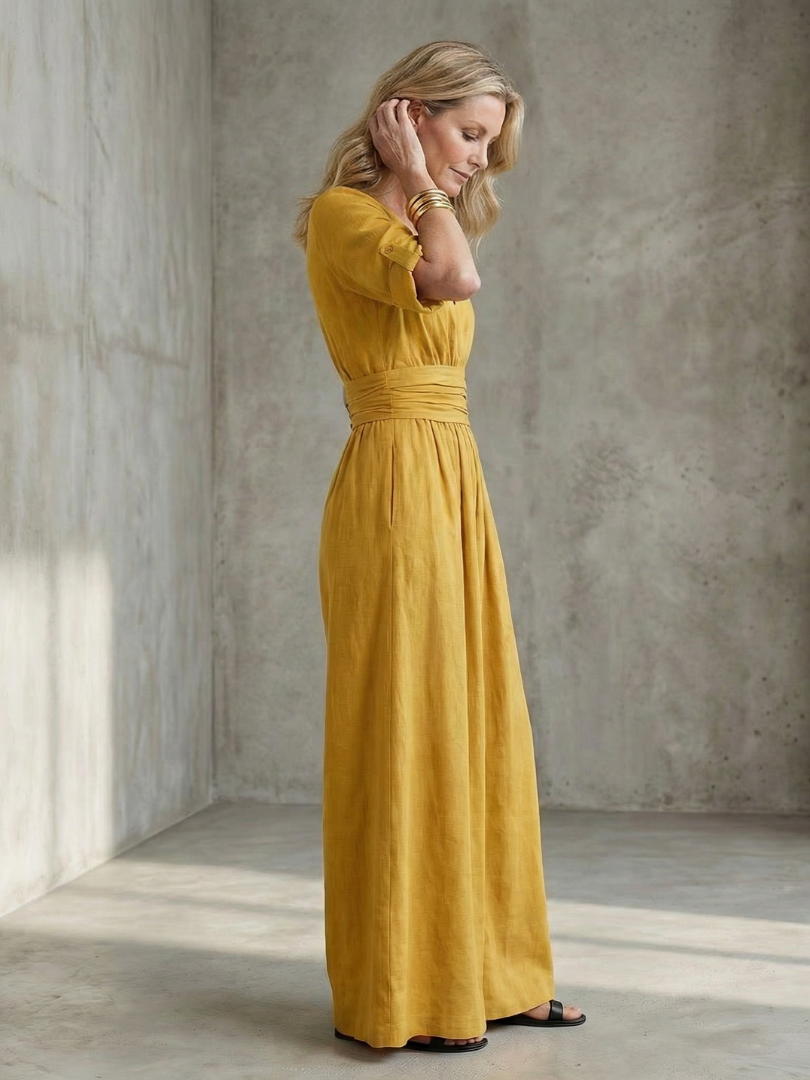 Women's Cross Front Wide Leg Jumpsuit with Gathered Waist