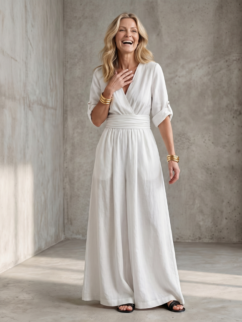 Women's Cross Front Wide Leg Jumpsuit with Gathered Waist