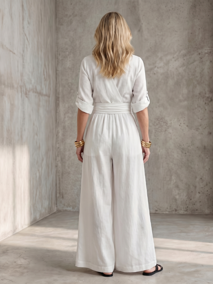 Women's Cross Front Wide Leg Jumpsuit with Gathered Waist
