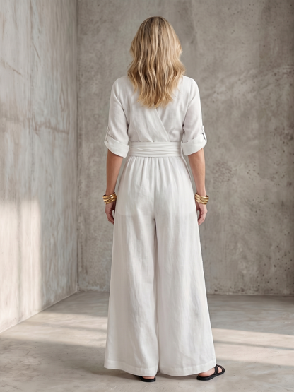 Women's Cross Front Wide Leg Jumpsuit with Gathered Waist