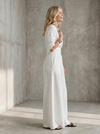 Women's Cross Front Wide Leg Jumpsuit with Gathered Waist