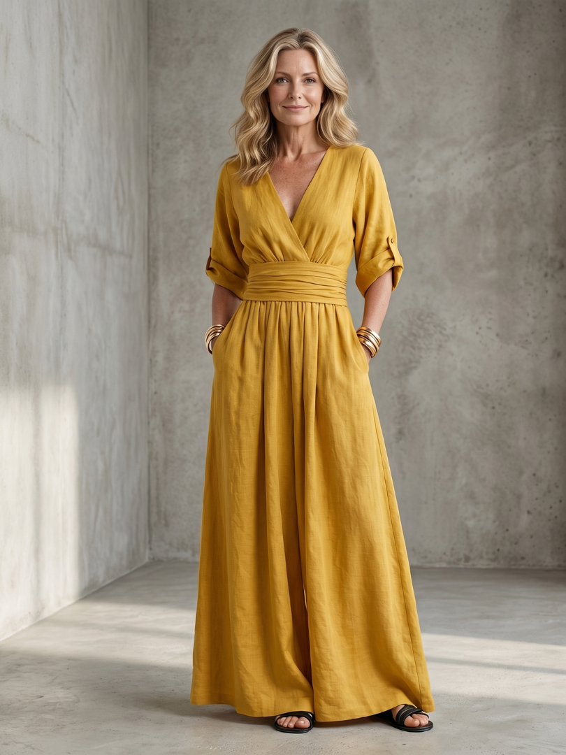 Women's Cross Front Wide Leg Jumpsuit with Gathered Waist