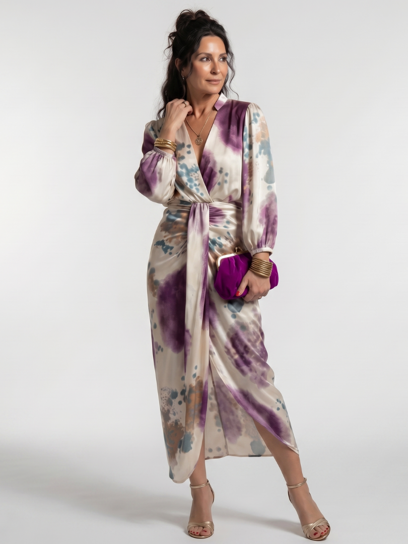 Women's Cross Wrap Midi Dress with Tie Waist for Daywear