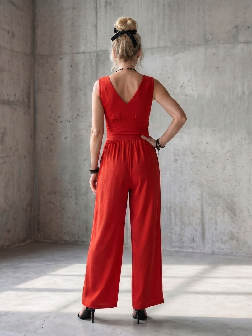 Women's Deep V Jumpsuit with Defined Waist for Evening
