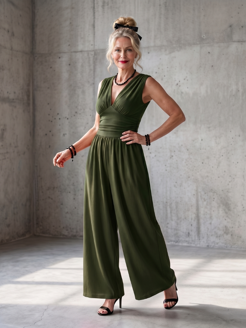 Women's Deep V Jumpsuit with Defined Waist for Evening