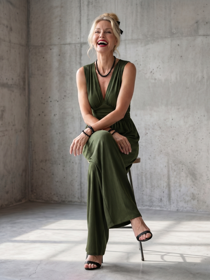 Women's Deep V Jumpsuit with Defined Waist for Evening