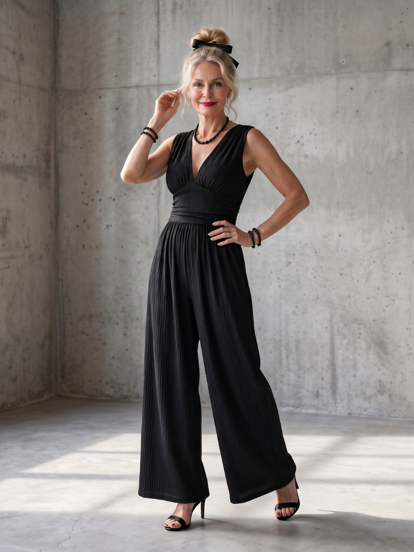 Women's Deep V Jumpsuit with Defined Waist for Evening