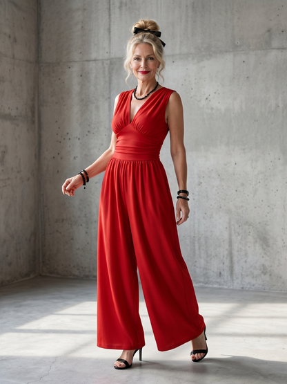 Women's Deep V Jumpsuit with Defined Waist for Evening