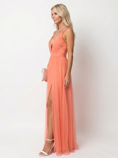 Women's Deep V Maxi Dress with Pleated Skirt for Evening