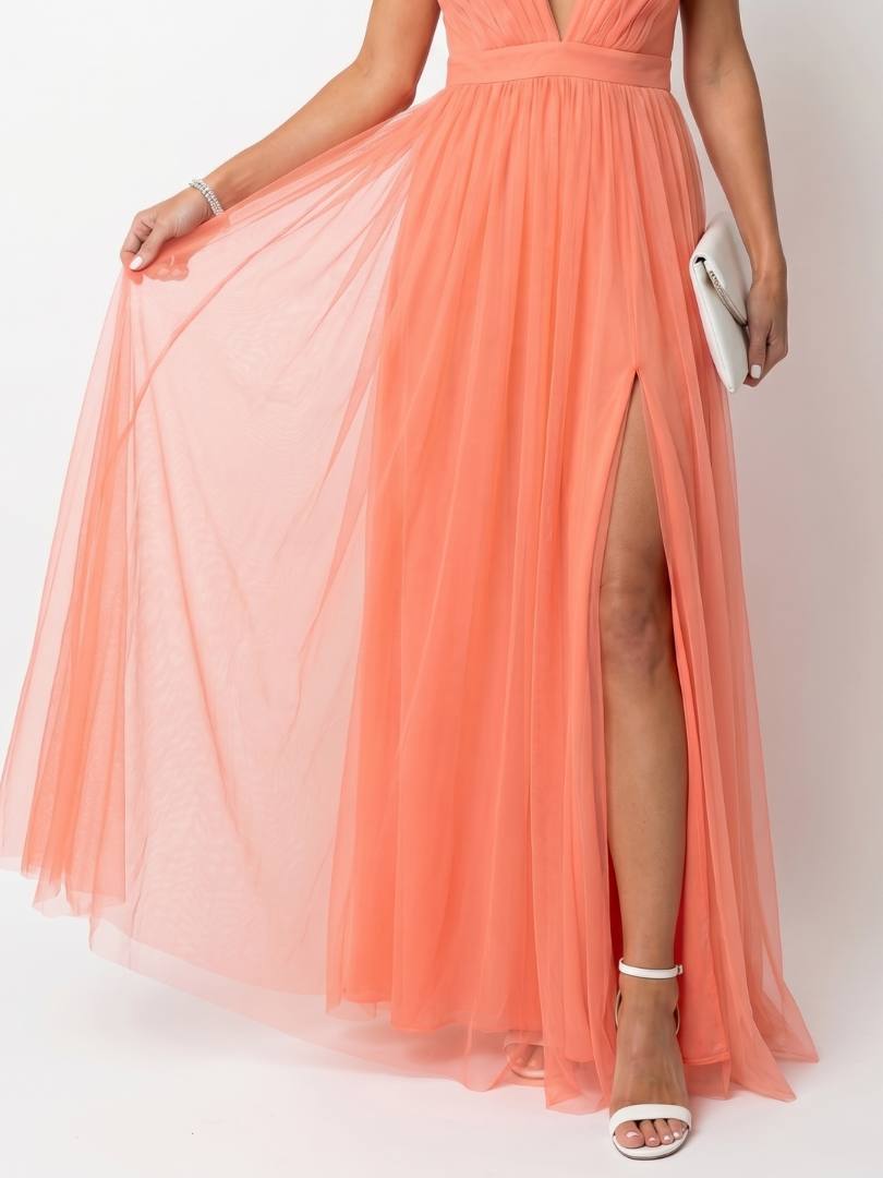 Women's Deep V Maxi Dress with Pleated Skirt for Evening