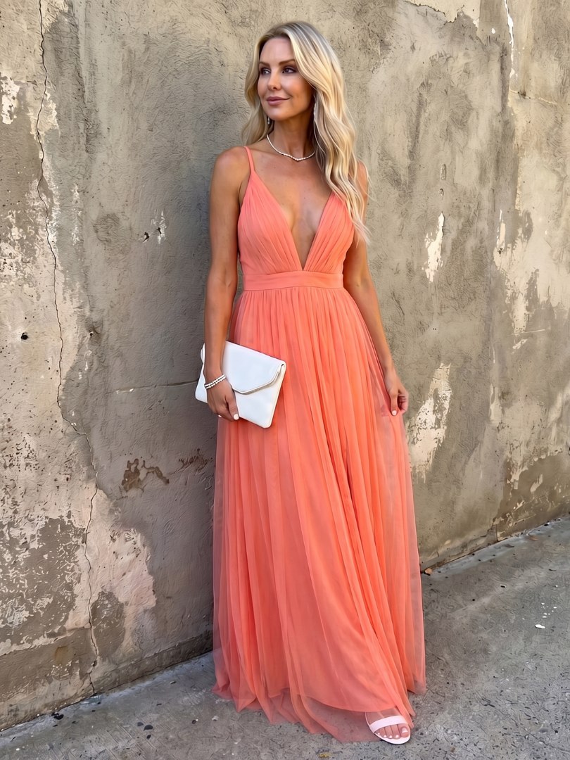 Women's Deep V Maxi Dress with Pleated Skirt for Evening