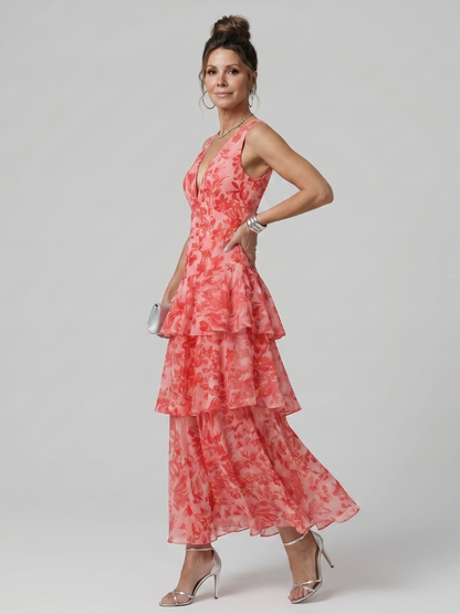 Women's Deep V Sleeveless Painterly Pattern Midi Dress