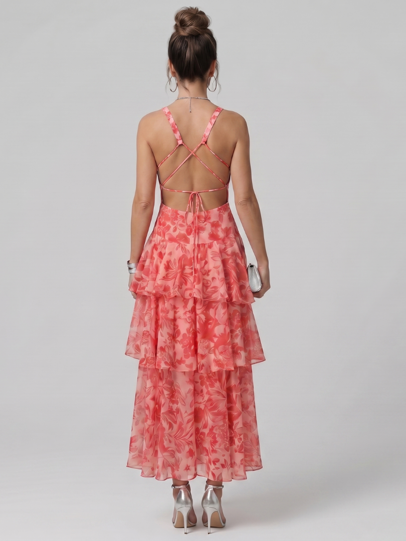 Women's Deep V Sleeveless Painterly Pattern Midi Dress
